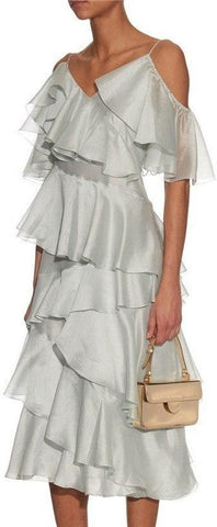 Ruffled Cold-Shoulder Chiffon Dress