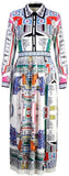 Printed Pleated Maxi Shirt Dress with Embellished Collar