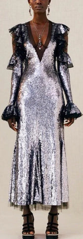 Silver Sequin-Embellished Cold-Shoulder Evening Dress