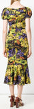 Grape-Print Fluted Midi Dress