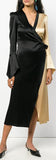 Color-Contrast Satin Wrap Dress