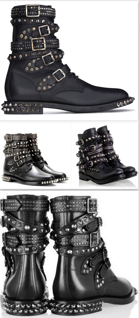 Signature Rangers Studded Punk Sole Boots in Black Leather - DESIGNER INSPIRED FASHIONS