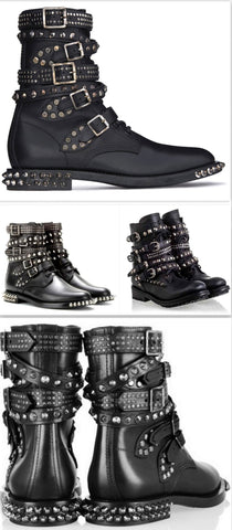 Signature Rangers Studded Punk Sole Boots in Black Leather - DESIGNER INSPIRED FASHIONS
