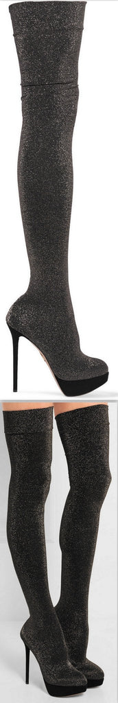 'More Is More' Metallic Jersey Over-the-Knee Jersey Sock Boots - DESIGNER INSPIRED FASHIONS