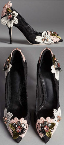 'Bellucci' Embroidered Lace Court Shoes in Black - DESIGNER INSPIRED FASHIONS