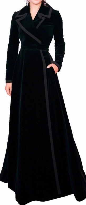 Long Black Velvet Wrap-Effect Coat