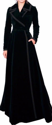 Long Black Velvet Wrap-Effect Coat