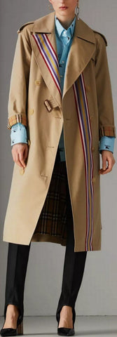Striped Ribbon Cotton Gabardine Trench Coat