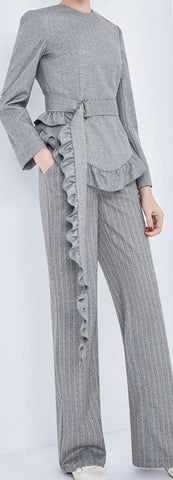 Ruffle Belted Top & Pin Stripe Pant Set