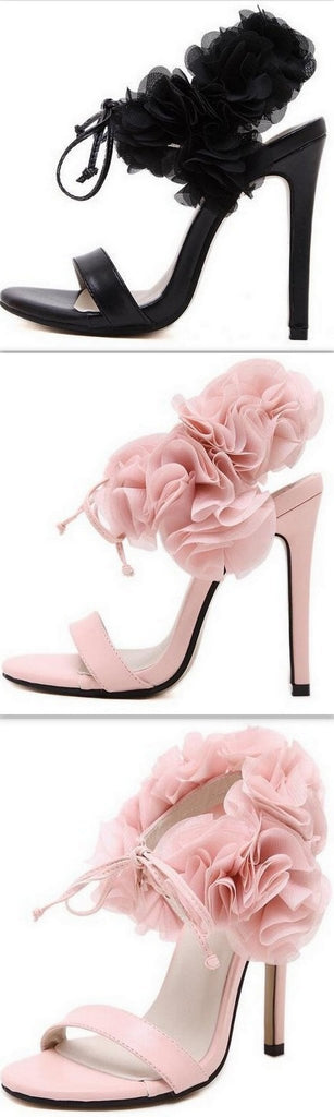 Ruffled Flower-Ankle Leather Sandals in Pink or Black - DESIGNER INSPIRED FASHIONS