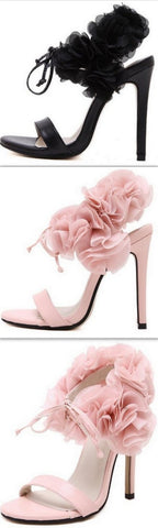 Ruffled Flower-Ankle Leather Sandals in Pink or Black - DESIGNER INSPIRED FASHIONS