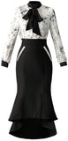 Floral Print Blouse with Contrast Stripe and Bow with Pencil Midi Skirt