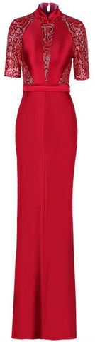 Red Sequin and Mesh Paneled Gown