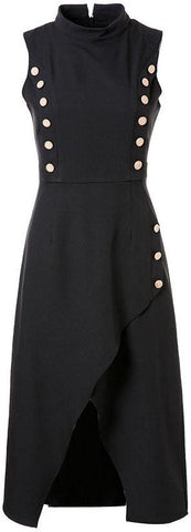 Button-Embellished High-Neck Midi Dress - Black or White