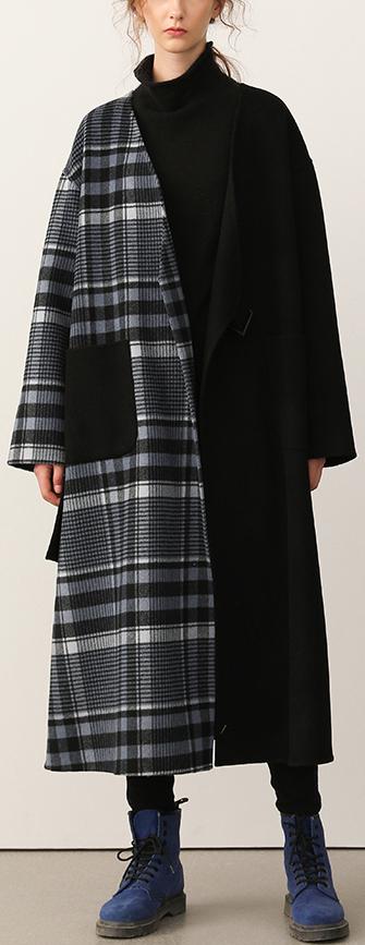 Plaid-Contrast Wool Coat