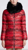 Printed Paneled Puffer Coat, Red