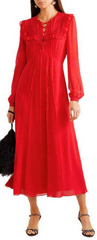Lace-up Ruffle Midi Dress, Red