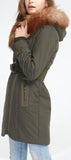 Belted Fox-Fur-Hooded Quilted Coat, Military Green