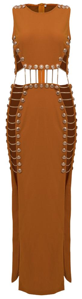 Button and Chain-Embellished Maxi Dress