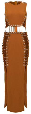 Button and Chain-Embellished Maxi Dress