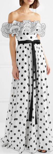Ruffled Off-the-Shoulder Polka-Dot Dress