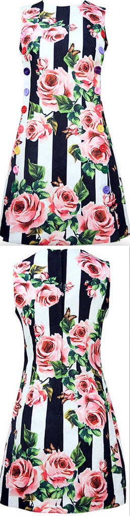 Button-Embellished Floral and Stripe Print Mini Dress
