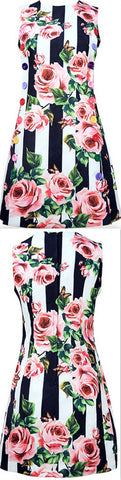 Button-Embellished Floral and Stripe Print Mini Dress