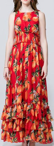 Orange Print Tiered Chiffon Dress - DESIGNER INSPIRED FASHIONS