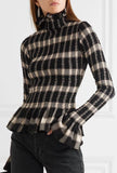Smocked Checked Jersey Turtleneck Top