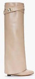 'Shark Lock' Wedge Knee Leather Boots in Beige - DESIGNER INSPIRED FASHIONS