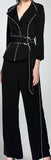 Belted Black Blazer with Contrast Piping and Wide-Leg Pant Set