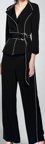 Belted Black Blazer with Contrast Piping and Wide-Leg Pant Set