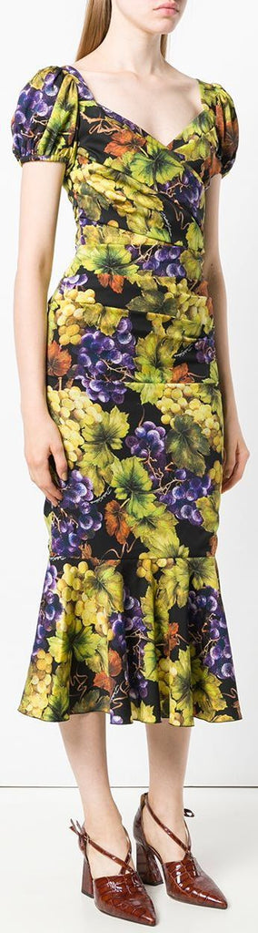 Grape-Print Fluted Midi Dress