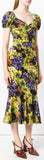 Grape-Print Fluted Midi Dress