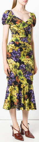 Grape-Print Fluted Midi Dress