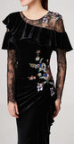Black Lace and Velvet Embellished Ruffle Gown