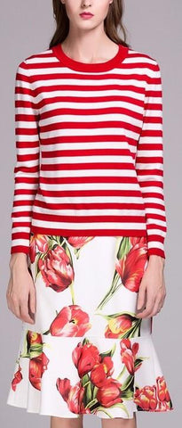 Striped Knit Sweater & Tulip Printed Skirt - DESIGNER INSPIRED FASHIONS