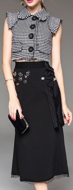 Plaid Faux-Button Crop Top & Black Embellished Skirt - DESIGNER INSPIRED FASHIONS
