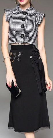 Plaid Faux-Button Crop Top & Black Embellished Skirt - DESIGNER INSPIRED FASHIONS