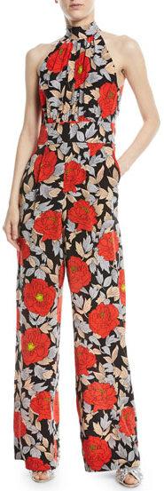 High-Neck Sleeveless Wide-Leg Floral-Print Silk Jumpsuit