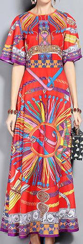 Printed Flared-Sleeve Maxi Dress
