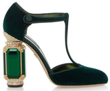 Velvet Mary Jane Pumps with Jewel Heel - Red or Green