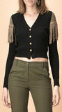 Fringed-Shoulder Cardigan Sweater