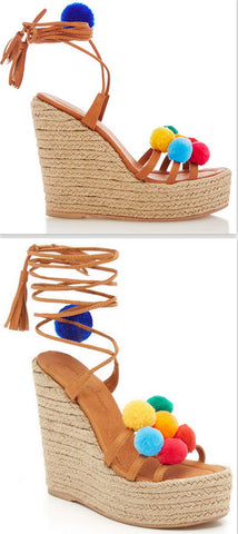 'Holi' Pom Pom Wrap Wedge Sandals - DESIGNER INSPIRED FASHIONS