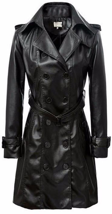 Black Double-Breasted Faux-Leather Coat - DESIGNER INSPIRED FASHIONS