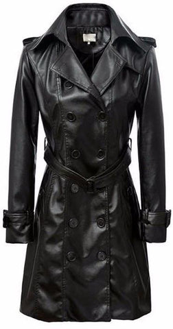 Black Double-Breasted Faux-Leather Coat - DESIGNER INSPIRED FASHIONS