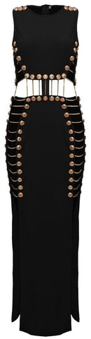 Button and Chain-Embellished Maxi Dress, Black