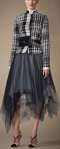 3 Pc Tweed Jacket, Belt Bag and Asymmetrical Mesh Skirt