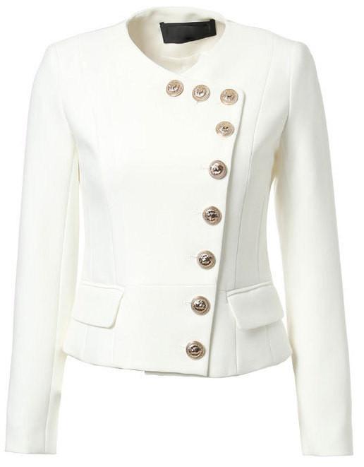 Asymmetric Lion-Head Button-Embellished Short Jacket in White - DESIGNER INSPIRED FASHIONS