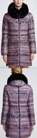 Printed Paneled Puffer Coat, Purple